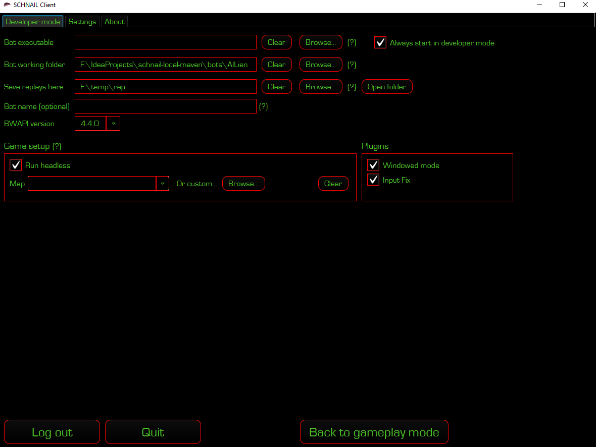 Screenshot of SCHNAIL's dev mode window