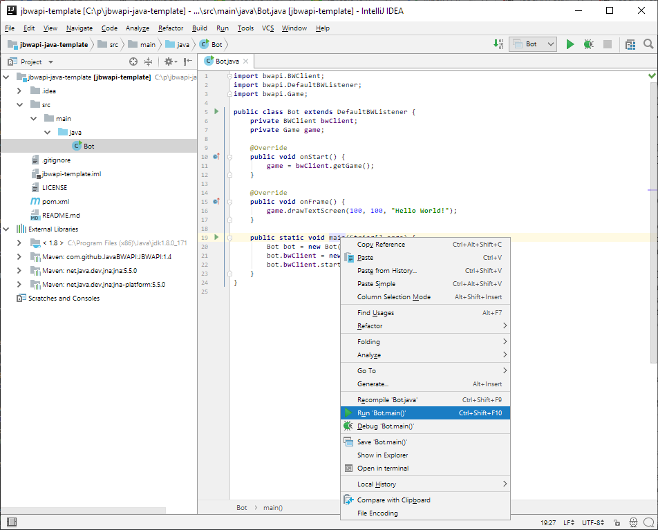 Running a bot in IDEA by right clicking 'main' and selecting 'Run'