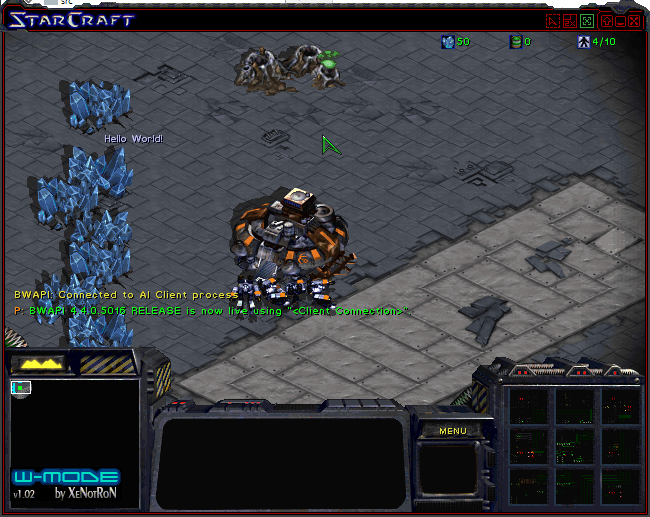 A screenshot of a StarCraft game showing 'Hello World' text